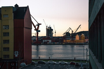 Goteborg industrial harbor port crane at sunset, Gothenburg, Sweden