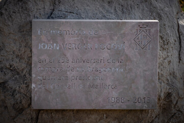 plaque commemorating the purchase of the island, Sa Dragonera natural park, Mallorca, Balearic Islands, Spain