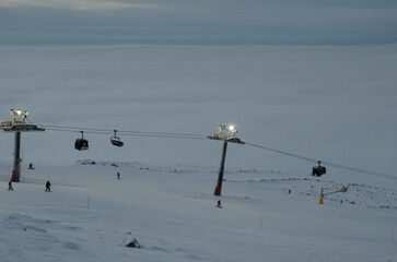 The chair lift on the Khibiny mountains in Kirovsk ski resort in the Murmansk region