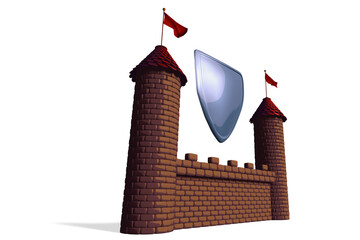 Castle tower with shield isolated on white background 3d illustration