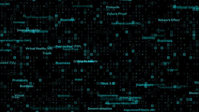 Web 3.0 metaverse related words futuristic binary background repeat in perfect loop