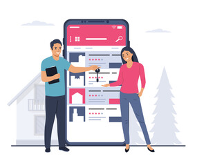 The agent hands over the key to the rented house that was found through the applications on the smartphone. Vector illustration.