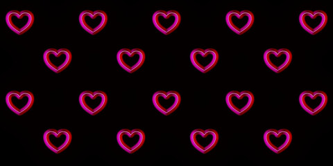 Small hearts from collection red pink glowing neon pattern. Hearts in a checkerboard pattern on a black background. Valentine's day, love, romance. Poster, banner, card, web. Style of 80s, 90s - retro