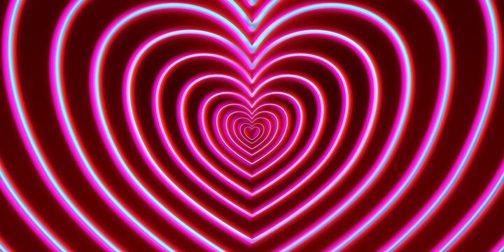 Big heart, collection red pink glowing neon. Many hearts path on a black background. Valentine's day, love, romance. Web poster. Style of 80s, 90s, retro neon trend. Pulsating heart zoom radial ripple