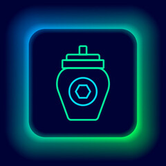 Glowing neon line Jar of honey icon isolated on black background. Food bank. Sweet natural food symbol. Colorful outline concept. Vector