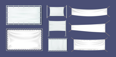 Realistic white textile banners set. Cotton banners, blank flags, posters.