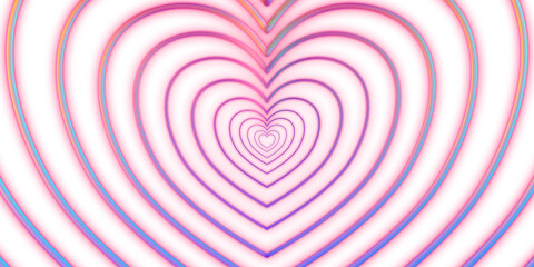 Big heart, rainbow pink glowing neon. Style of 80s, 90s, retro neon trend. Pulsating heart zoom radial ripple. Many hearts path, white background. Valentine's day, love, romance. Web poster. illusion