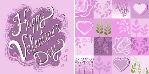 Naklejka premium Happy Valentine's Day greeting card design, gift bow and different patterns hearts, vector illustrtation