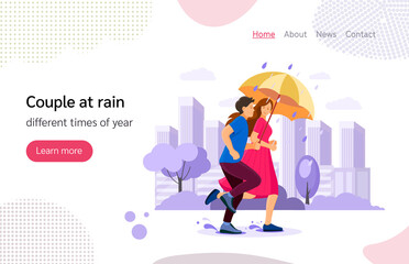The couple together with umbrella running in autumn rainy