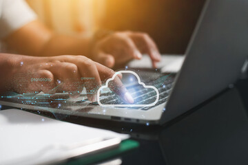cloud technology protection concept Businessman chooses technology information of business finance,...