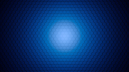 Abstract blue geometric background of hexagons with a spot of light in the center.3d illustration