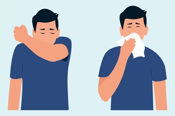 Sick man sneezes  into the elbow, handkerchief.  How to sneeze right. Seasonal allergies.Virus prevention spread. Flat vector illustration.