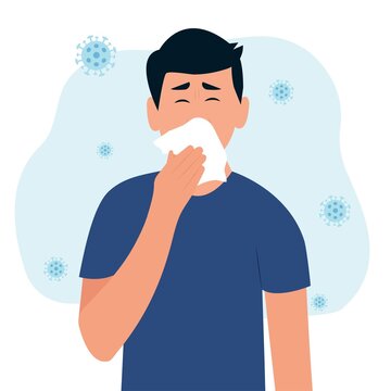 Man sneezes and uses paper napkin. How to sneeze right. Virus prevention spread. Flat vector illustration.Seasonal allergies. Healthcare concept.