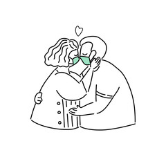 Plus Size, overweight Couple in love wearing medical mask, hand draw doodle cartoon flat vector illustration for valentine's day concept.