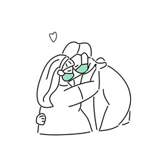 Plus Size, overweight Couple in love wearing medical mask, hand draw doodle cartoon flat vector illustration for valentine's day concept.