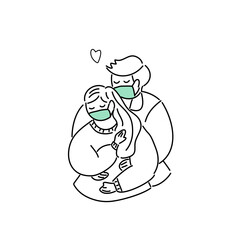 Plus Size, overweight Couple in love wearing medical mask, hand draw doodle cartoon flat vector illustration for valentine's day concept.