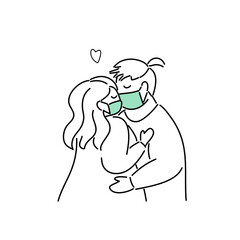 Plus Size, overweight Couple in love wearing medical mask, hand draw doodle cartoon flat vector illustration for valentine's day concept.