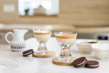 Dalgona coffee in glass. trendy Instant whipped coffee in a home kitchen