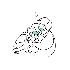 Plus Size, overweight Couple in love wearing medical mask, hand draw doodle cartoon flat vector illustration for valentine's day concept.