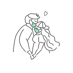 Plus Size, overweight Couple in love wearing medical mask, hand draw doodle cartoon flat vector illustration for valentine's day concept.