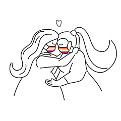 Plus Size, overweight Couple woman in love wearing lesbian flag color mask, hand draw doodle cartoon flat vector illustration for valentine's day concept.