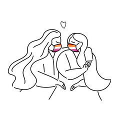 Plus Size, overweight Couple woman in love wearing lesbian flag color mask, hand draw doodle cartoon flat vector illustration for valentine's day concept.