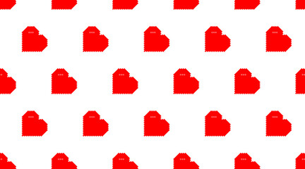 Red pixel heart icon isolated on white background. Romantic love seamless repeating pattern. EPS 10 Vector 8bit pixel art illustration.