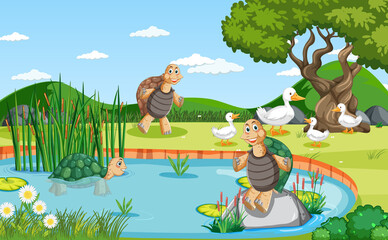 River in the forest with ducks and tortoises