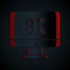 Paper cut Computer PC monitor display with 8k video technology icon isolated on black background. Paper art style. Vector