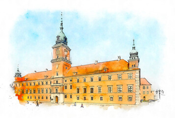 Warsaw Royal Castle, Poland, watercolor sketch illustration. - obrazy, fototapety, plakaty