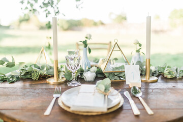 Luxury wedding reception dinning table setup with eucalyptus branches and gold geometric decoration...
