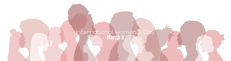 International Womens Day banner. Women of different ethnicities stand side by side together.