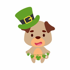 Cute pug dog in St. Patrick's Day leprechaun hat holds shamrocks. Irish holiday folklore theme. Cartoon design for cards, decor, shirt, invitation. Vector stock illustration.