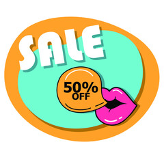 yellow badge for sale with lips pop art style