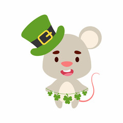 Cute mouse in St. Patrick's Day leprechaun hat holds shamrocks. Irish holiday folklore theme. Cartoon design for cards, decor, shirt, invitation. Vector stock illustration.