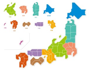 日本地図　色分け　都道府県　イラスト