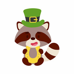 Cute raccoon St. Patrick's Day leprechaun hat holds horseshoe. Irish holiday folklore theme. Cartoon design for cards, decor, shirt, invitation. Vector stock illustration.