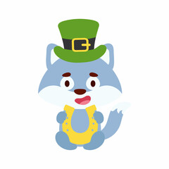 Cute wolf St. Patrick's Day leprechaun hat holds horseshoe. Irish holiday folklore theme. Cartoon design for cards, decor, shirt, invitation. Vector stock illustration.