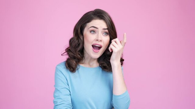 Perplexed lady forget important mind isolated pastel color background