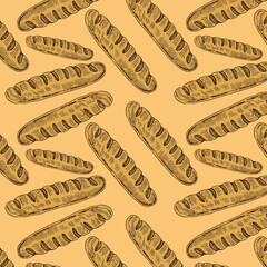 a pattern from a baguette. seamless pattern of a long yellow baguette drawn in doodle style randomly arranged on a beige background for a bakery template
