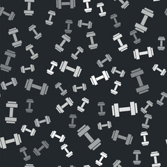 Grey Dumbbell icon isolated seamless pattern on black background. Muscle lifting icon, fitness barbell, gym, sports equipment, exercise bumbbell. Vector