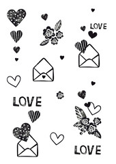 Envelope with hearts. A set of compositions for decoration on Valentine's day, weddings, declarations of love. Black and white graphics.Linocut. Created manually.