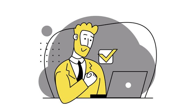 The happy programmer has succeeded. Hand gesture "yes". A mark about the work done. Programming languages. Programmer working on web development on the PC. Software developers. 2d flat animation.