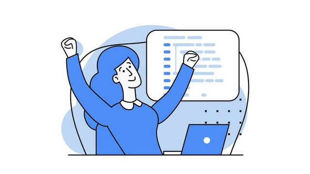 The programmer raised her hands up in joy. Script coding concept, programming. Programmer working on web development on the laptop. Software developers. 2d flat animation. Blue colors. Looped video.