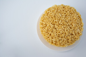 Traditional Tatar Cuisine Chak Chak. There is a Big Chack Chack on white plate and white Background. Copy space, top view