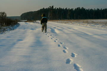 Little boy back view walking through the nature. Footprints in the snow. Healthy active life. Photos from behind of boy