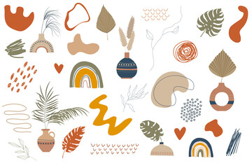 Hand drawn abstract collection Ceramic Vase with abstract various doodle shapes and lines. Flower vases, earthenware jugs in earthy tone. Boho style. Vector illustration isolated on white background.