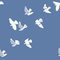 Pigeons. Seamless pattern with flying birds. White pigeons. Wallpaper, background, vector pattern.