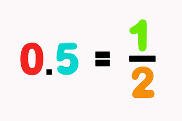Zero point five equals one-two fractions isolated on white background illustration. Image simple math addition operation for kids, math operation to enhance brain skills. Plus, minus, multiply, divide