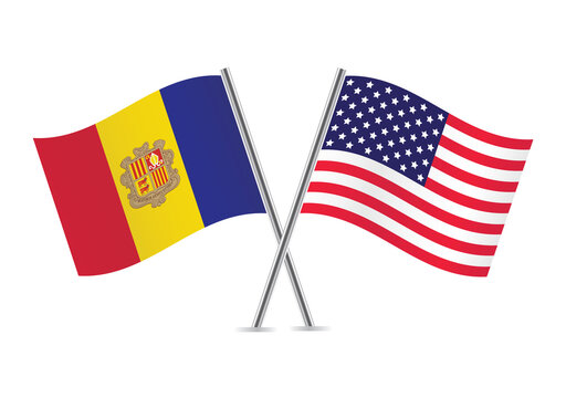 Andorra and America flags. Andorran and American flags isolated on white background. Vector illustration.
